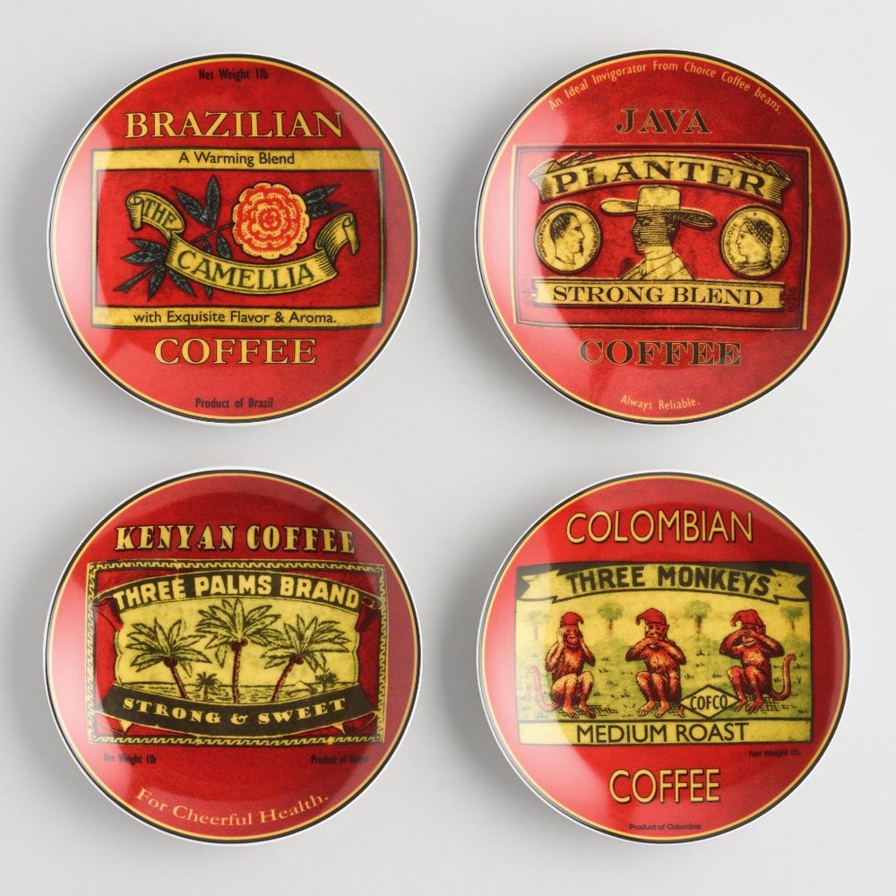 New! Set of 4 Coffee Label 6" Appetizer Plates